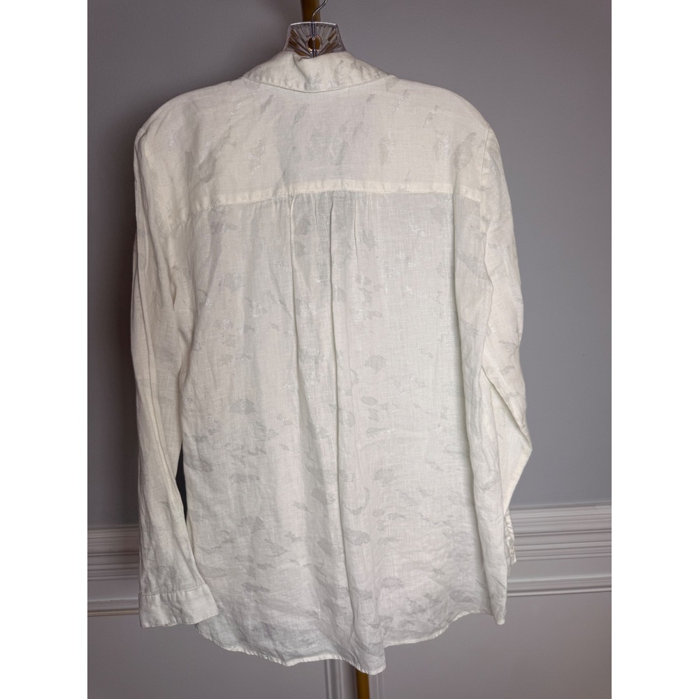 Women's 100% Linen White Button Front Blouse Metallic Silver Floral Print Size L - Picture 3 of 8